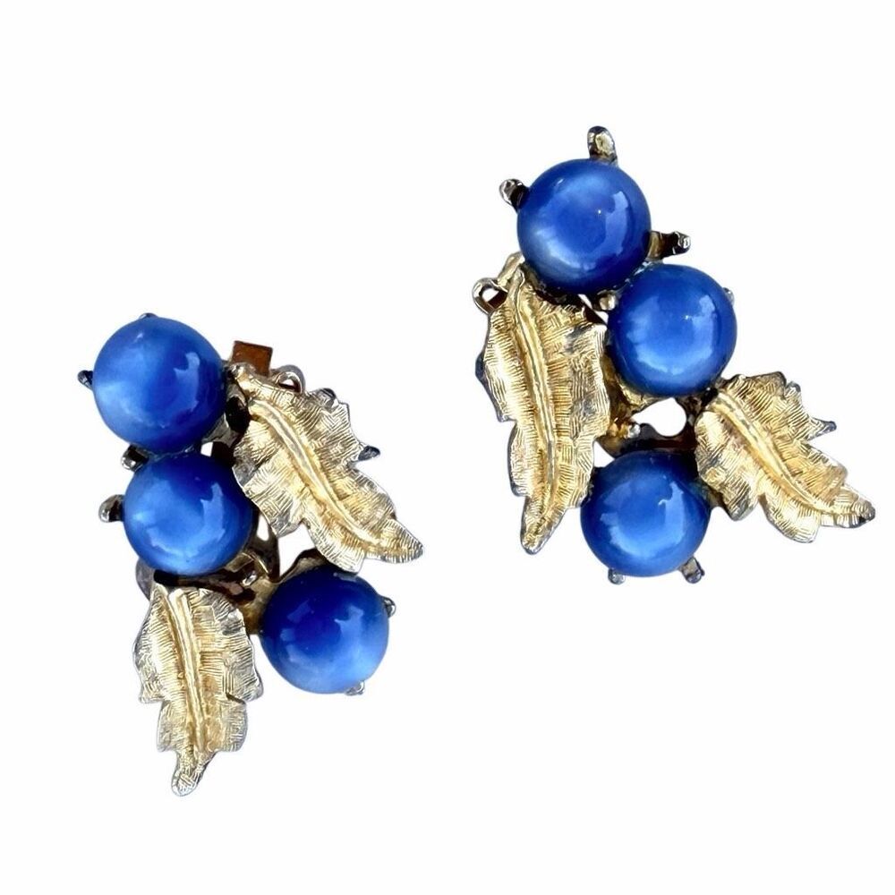 Vintage Blue Cat’s Eye beaded  Gold Tone Leaf Clip-On Earrings